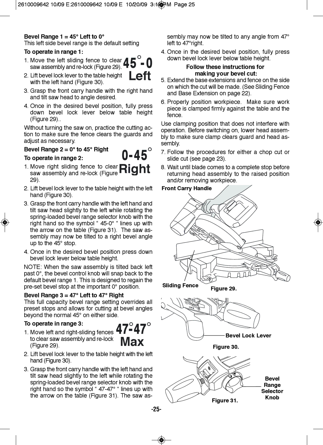 Bosch Power Tools 5412 Bevel Range 1 = 45 left to, Bevel Range 2 = 0 to 45 Right To operate in range, Bevel lock lever 