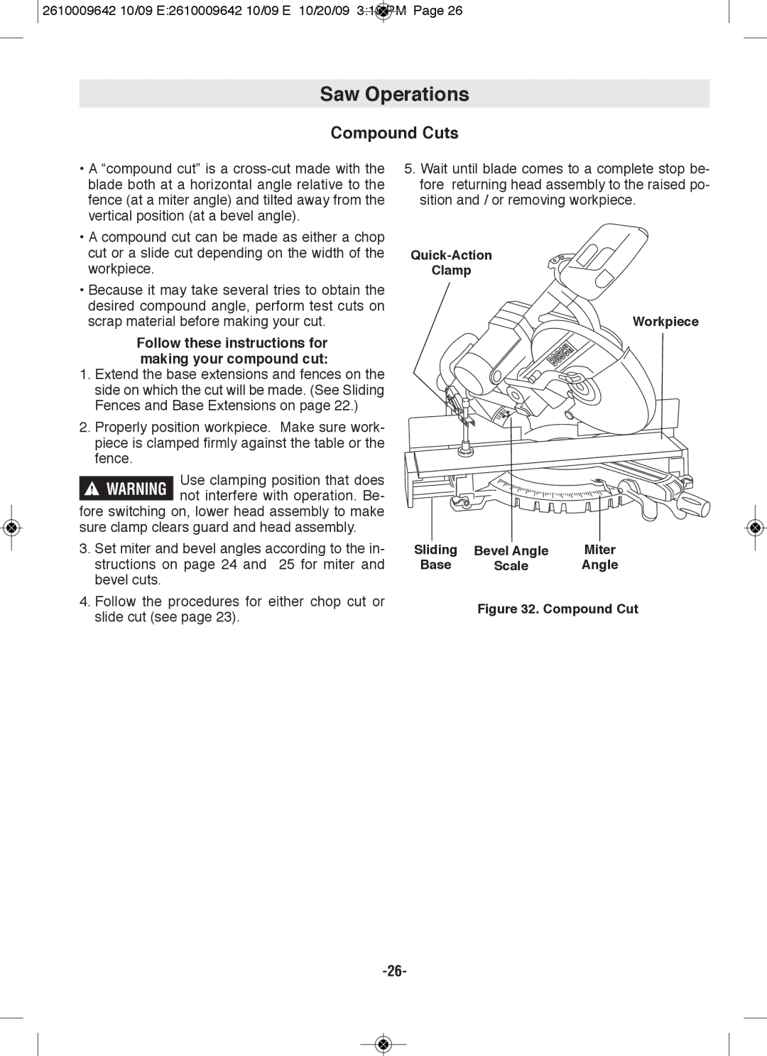 Bosch Power Tools 5312 Compound Cuts, Follow these instructions for making your compound cut, Quick-Action Clamp Workpiece 