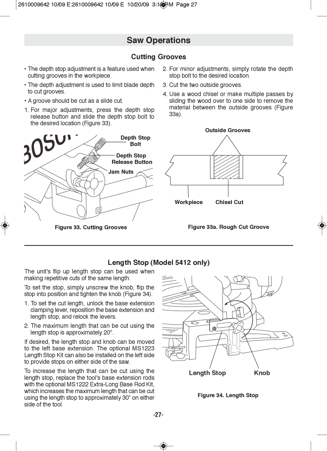 Bosch Power Tools 5412L, 5312 manual Cutting Grooves, Length Stop Model 5412 only, Outside Grooves Workpiece Chisel Cut 