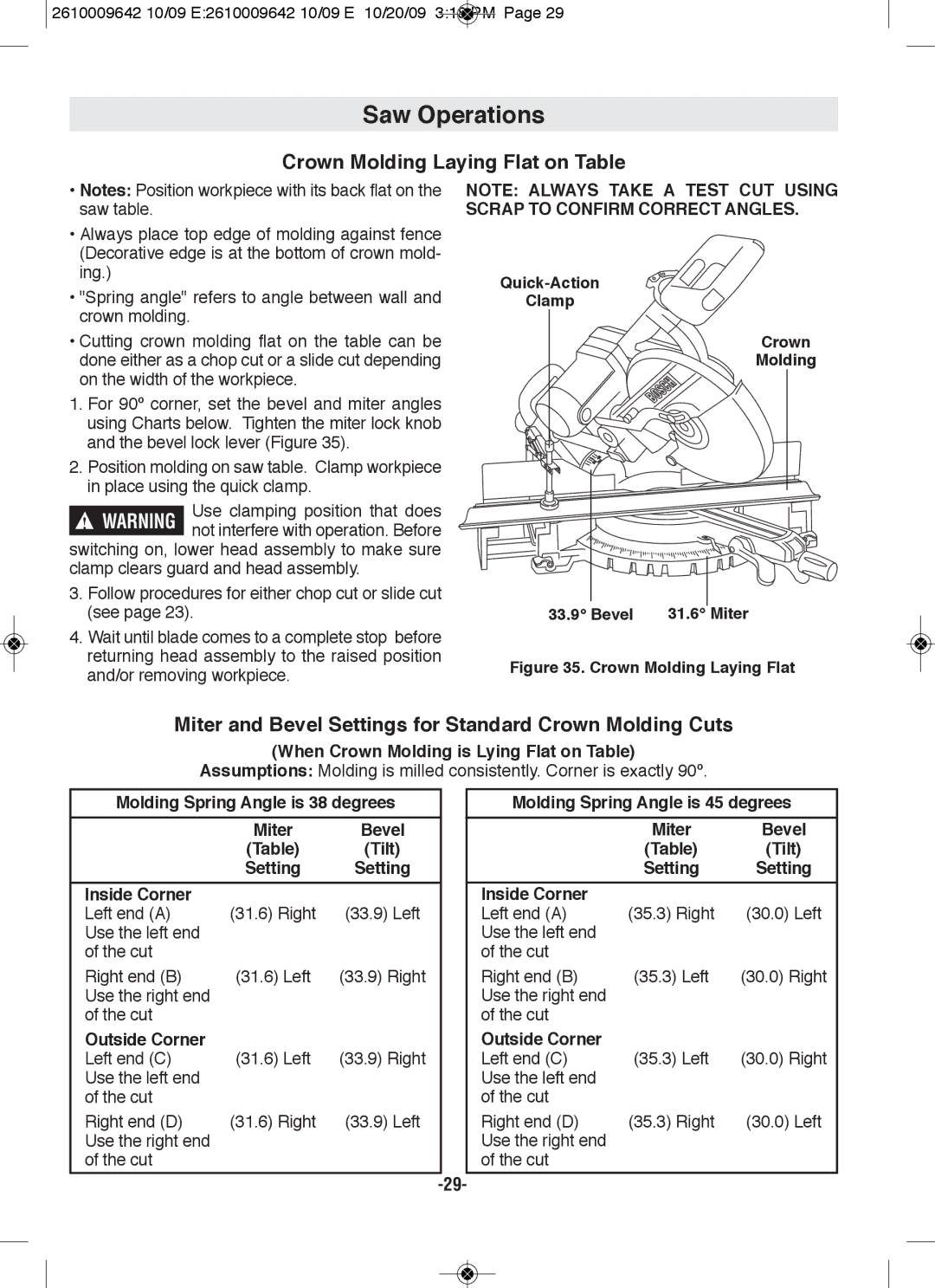 Bosch Power Tools 5312, 5412L Crown Molding laying flat on Table, Miter and Bevel Settings for Standard Crown Molding Cuts 