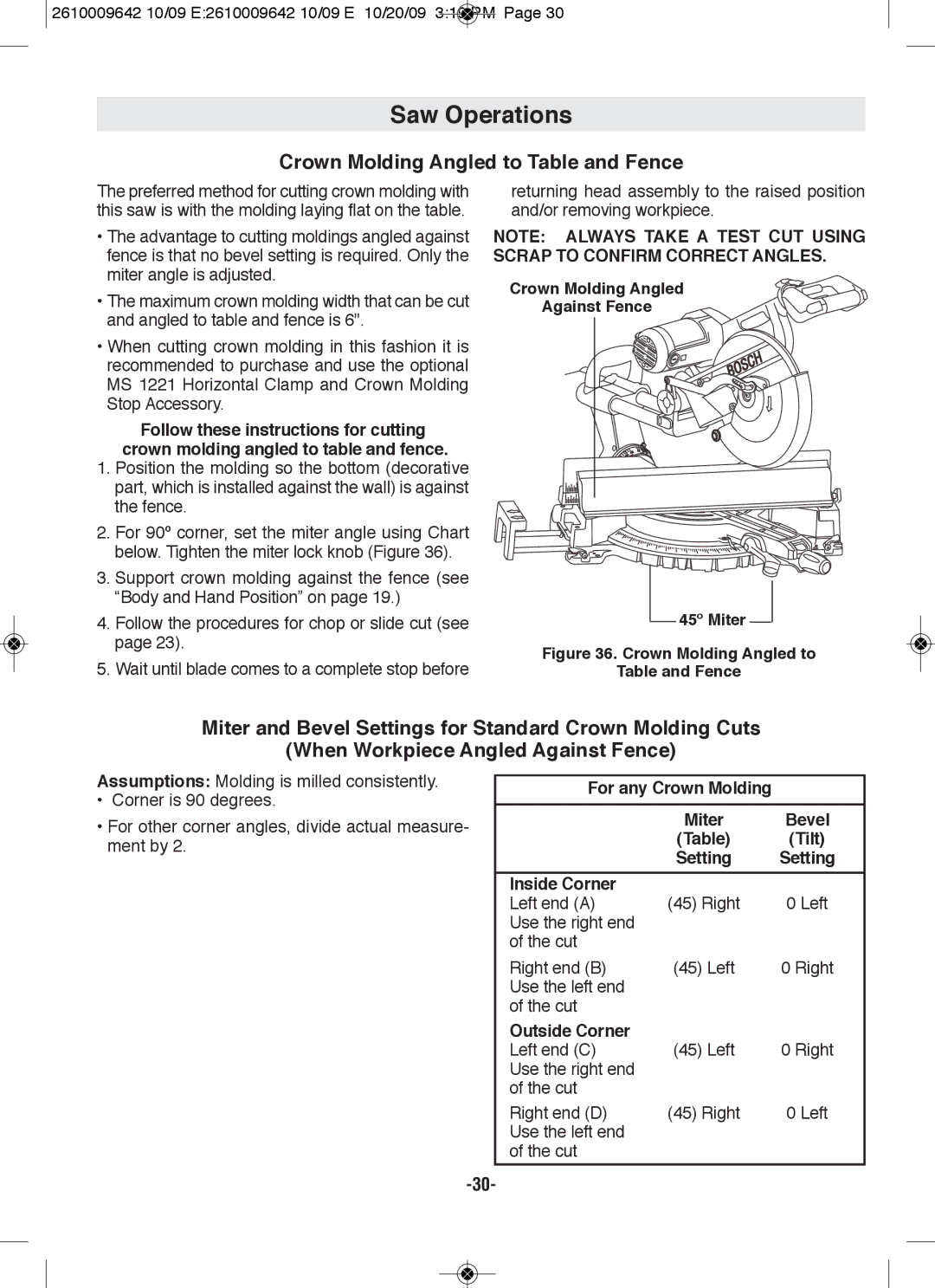 Bosch Power Tools 5412L, 5312 manual Crown Molding Angled to Table and fence, Crown Molding Angled Against fence 45º Miter 