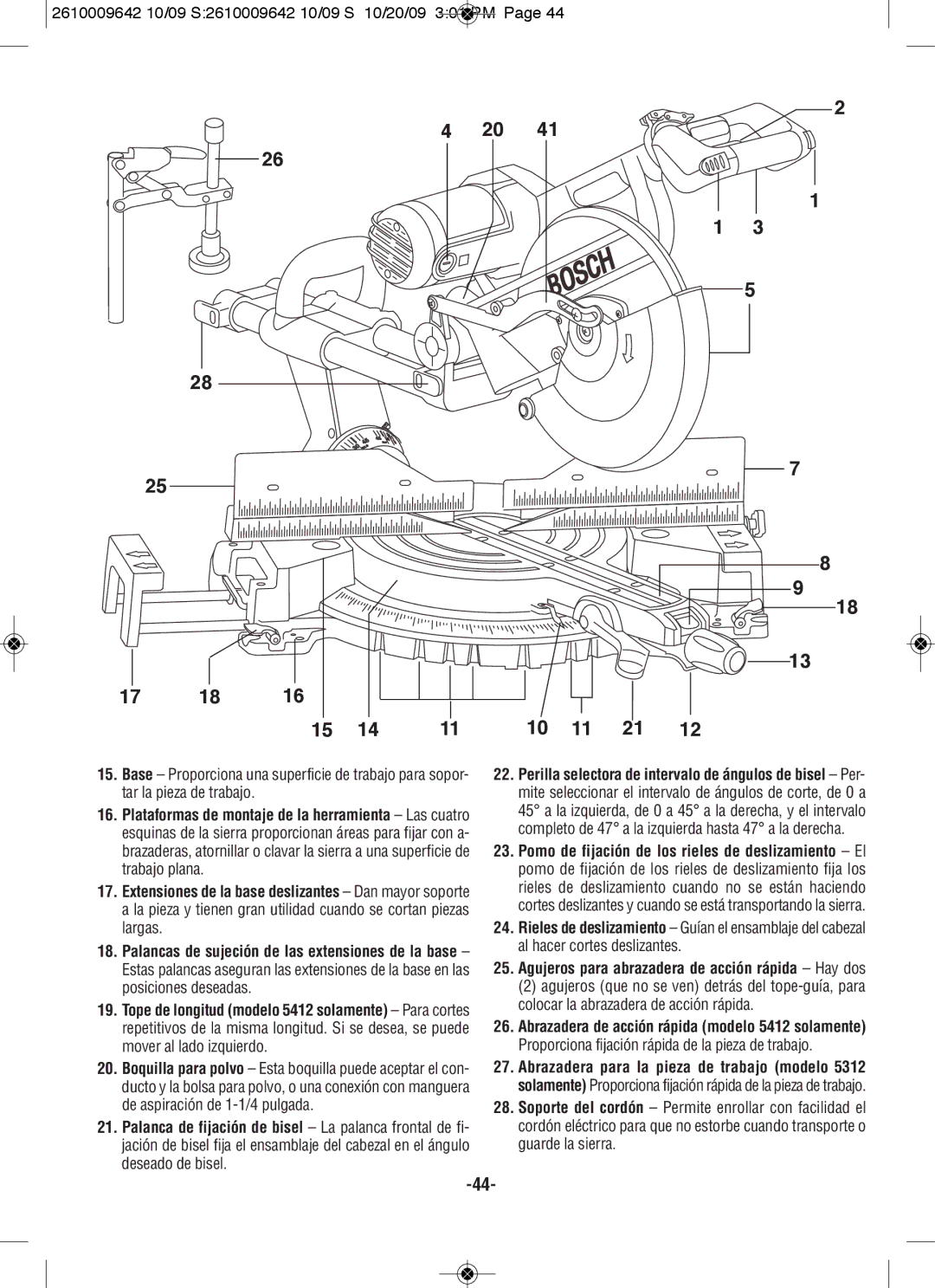 Bosch Power Tools 5312, 5412L manual 17 18 11 10 11 21, 2610009642 10/09 S2610009642 10/09 S 10/20/09 301 PM 