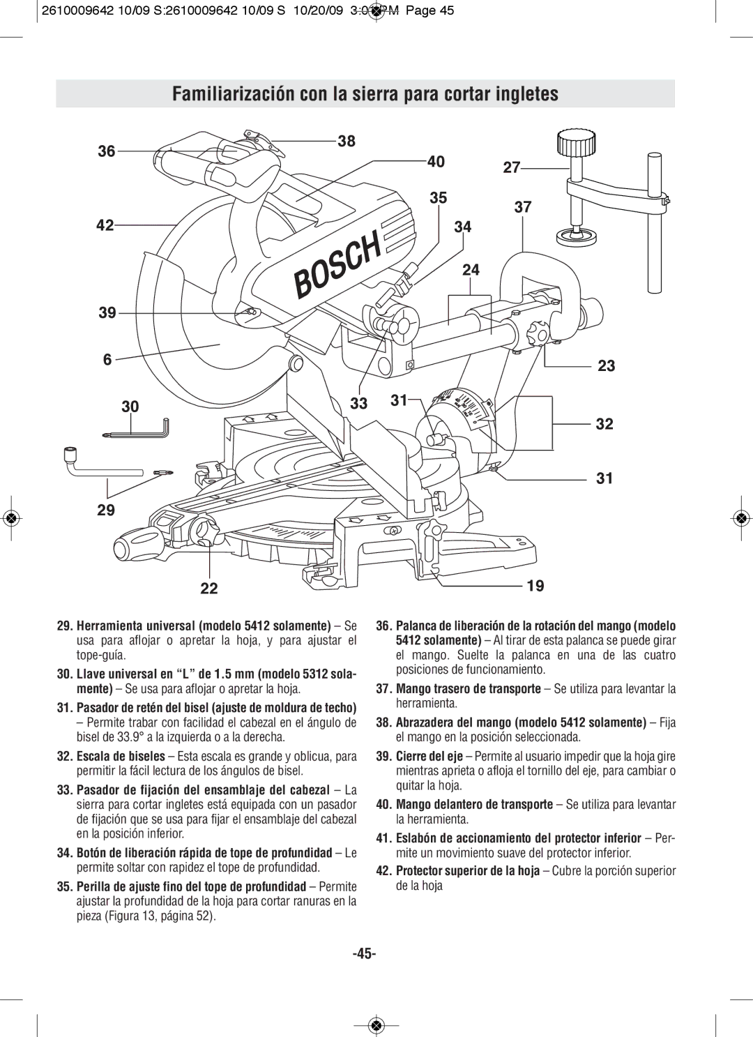 Bosch Power Tools 5412L, 5312 manual Familiarización con la sierra para cortar ingletes 