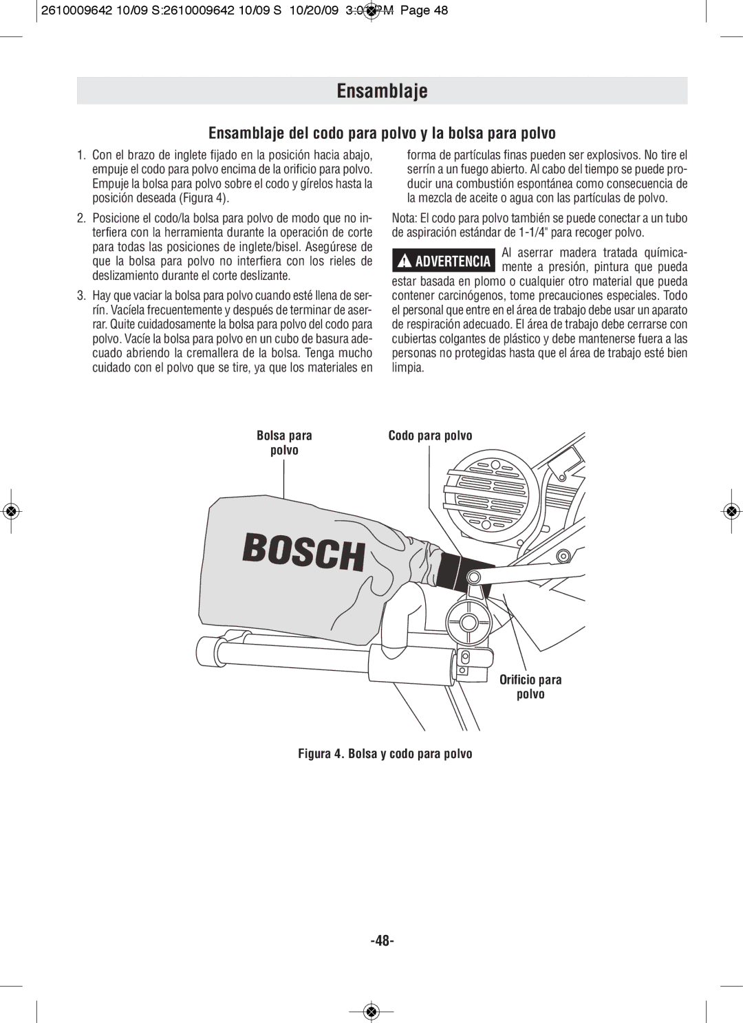 Bosch Power Tools 5412L, 5312 manual Ensamblaje del codo para polvo y la bolsa para polvo, Orificio para Polvo 