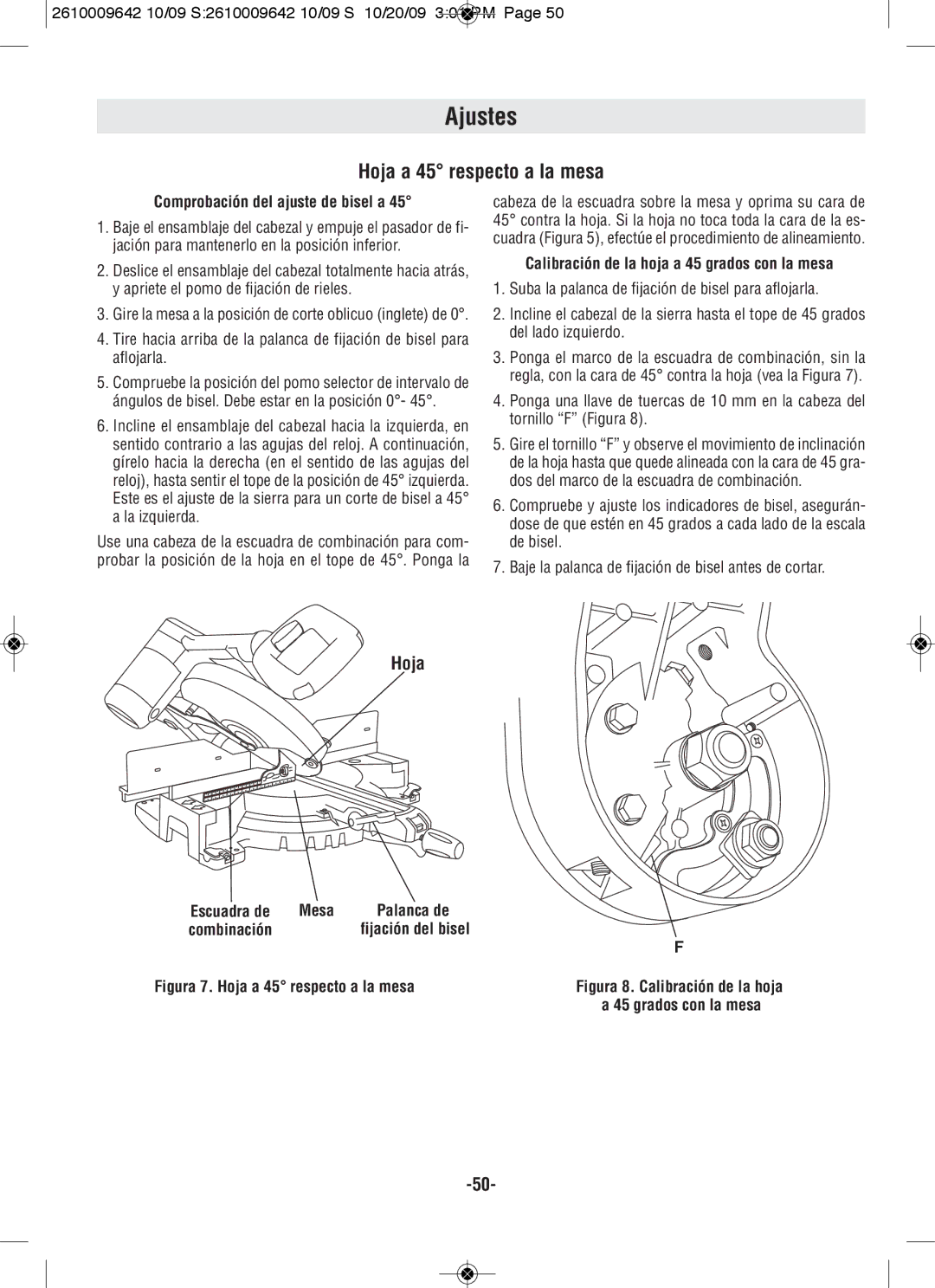 Bosch Power Tools 5312 Hoja a 45 respecto a la mesa, Calibración de la hoja a 45 grados con la mesa, Escuadra de Mesa 