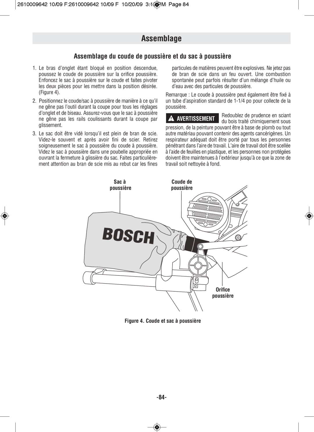 Bosch Power Tools 5412L, 5312 manual Assemblage du coude de poussière et du sac à poussière, Orifice Poussière 