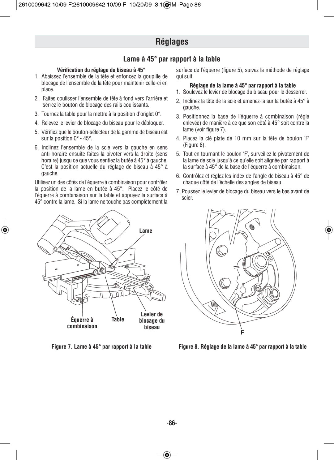 Bosch Power Tools 5312, 5412L manual Lame à 45 par rapport à la table, Vérification du réglage du biseau à 