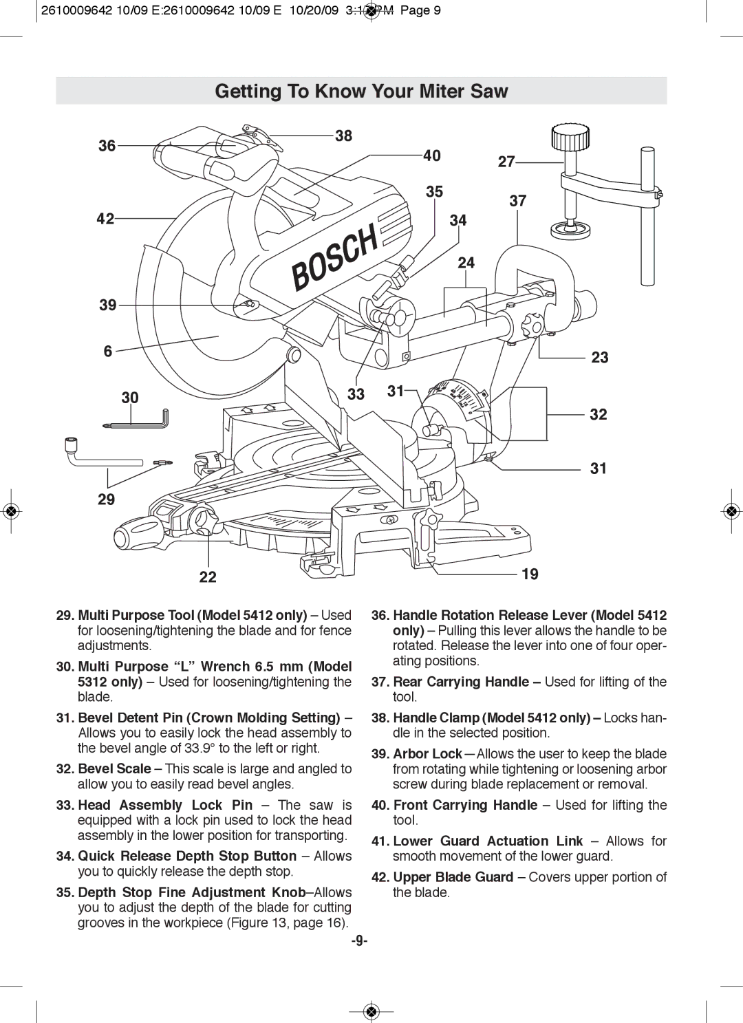 Bosch Power Tools 5412L, 5312 manual Getting To Know Your Miter Saw, Rear Carrying Handle Used for lifting of the tool 