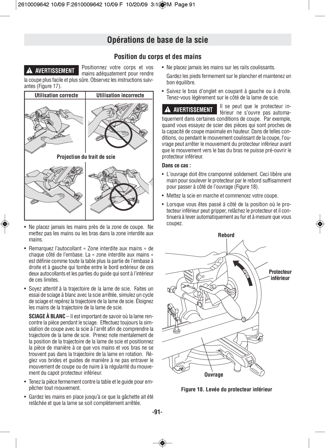 Bosch Power Tools 5412L, 5312 manual Opérations de base de la scie, Position du corps et des mains 