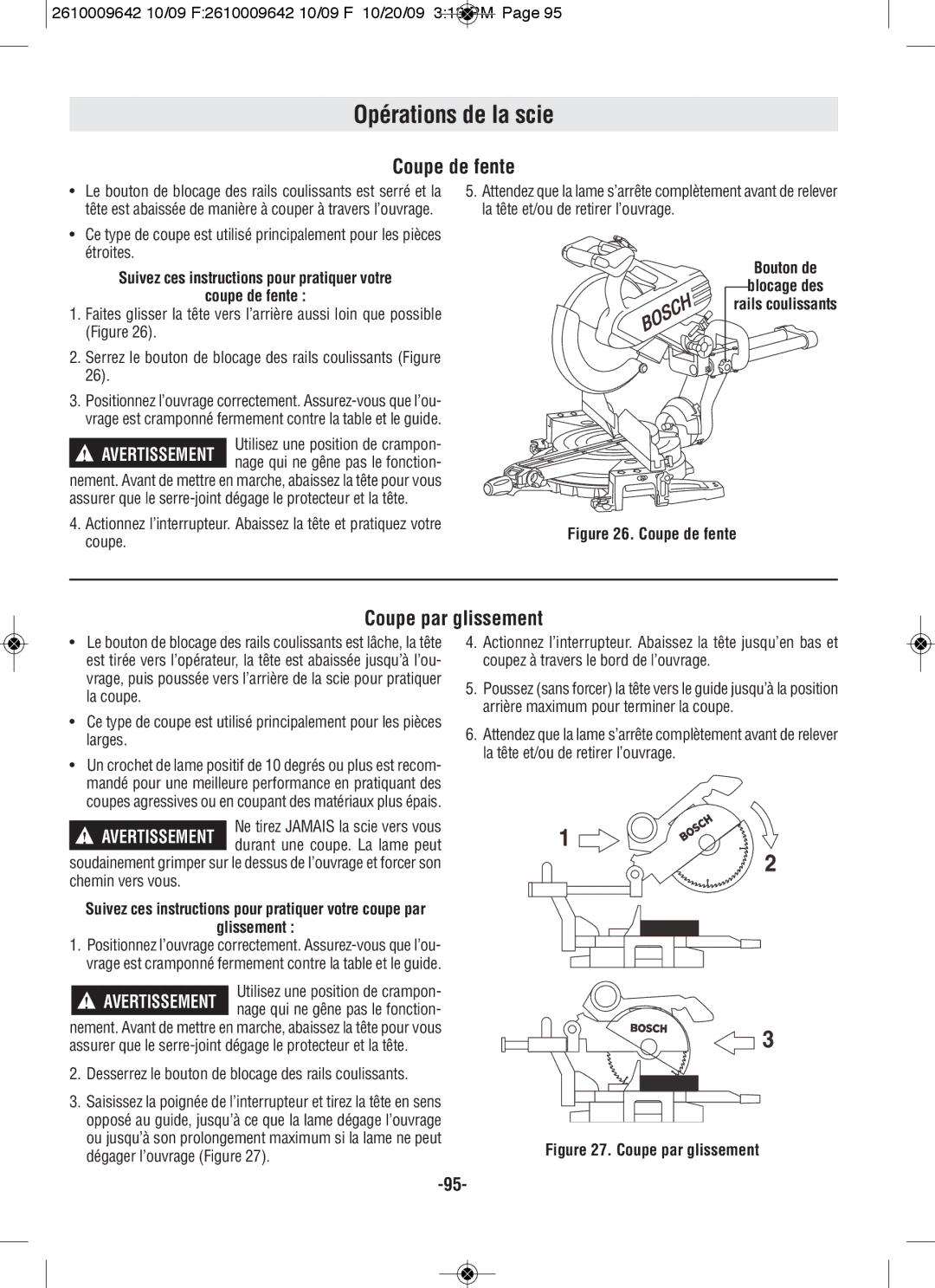 Bosch Power Tools 5312, 5412L manual Opérations de la scie, Coupe de fente, Coupe par glissement 