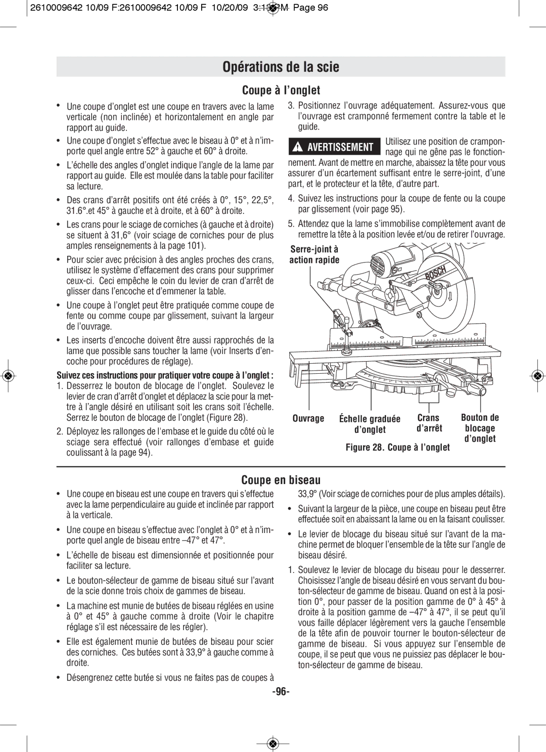 Bosch Power Tools 5412L, 5312 manual Coupe à l’onglet, Coupe en biseau, Crans, ’arrêt, La verticale 