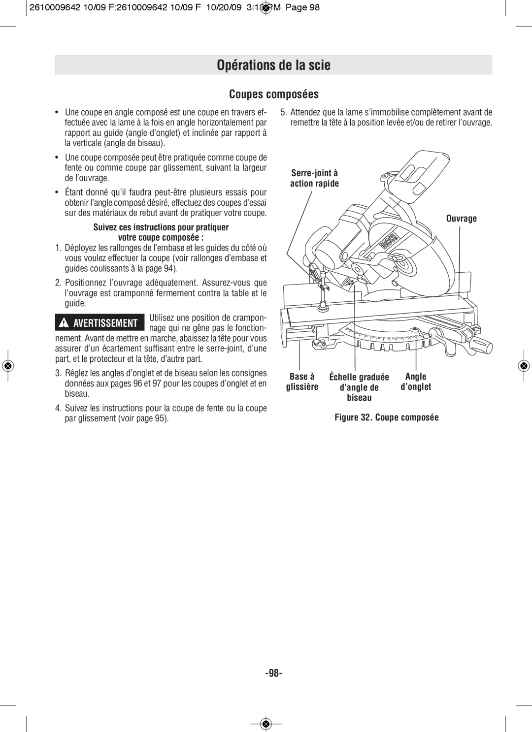 Bosch Power Tools 5312, 5412L manual Coupes composées, Suivez ces instructions pour pratiquer Votre coupe composée 