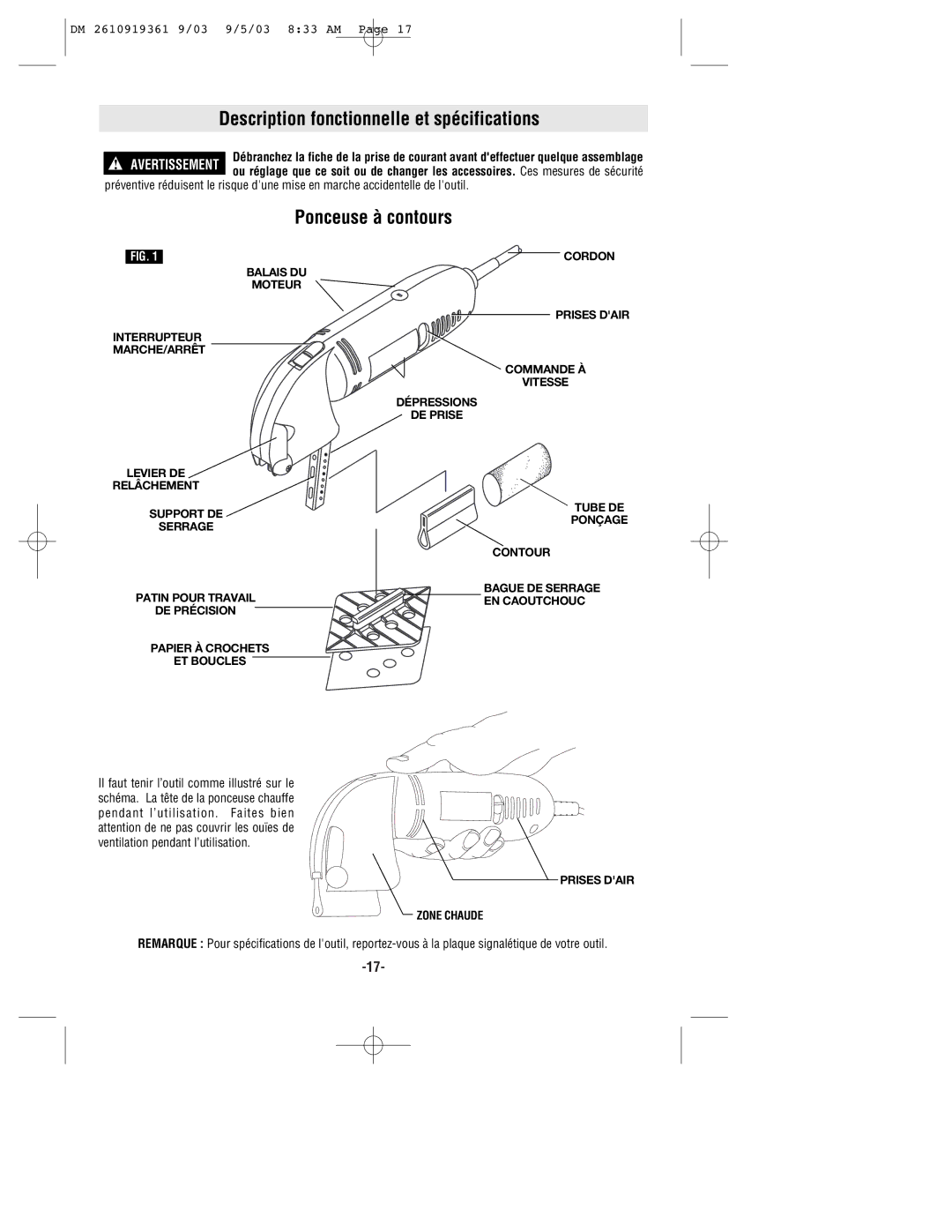 Bosch Power Tools 6000 owner manual Description fonctionnelle et spécifications, Ponceuse à contours 