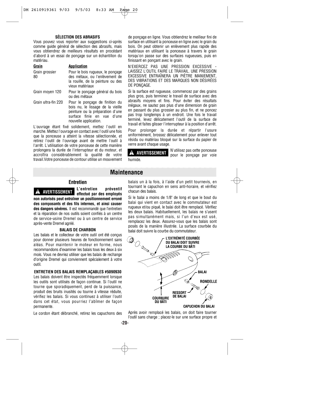 Bosch Power Tools 6000 owner manual Maintenance, Entretien, Sélection DES Abrasifs, Grain Application, Balais DE Charbon 