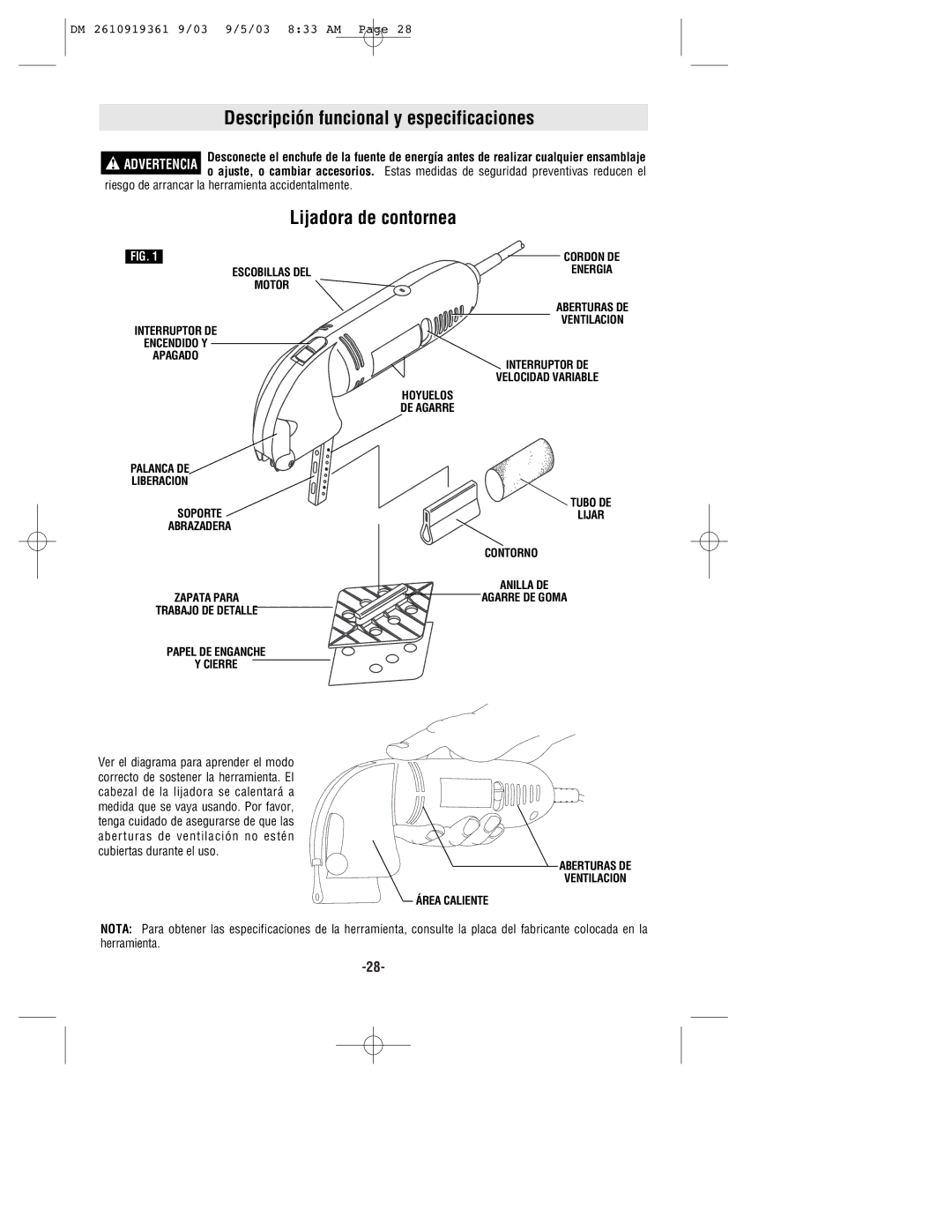 Bosch Power Tools 6000 owner manual Descripción funcional y especificaciones, Lijadora de contornea 