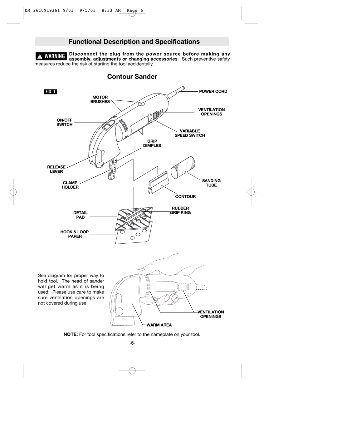 Bosch Power Tools 6000 owner manual Functional Description and Specifications, Contour Sander 