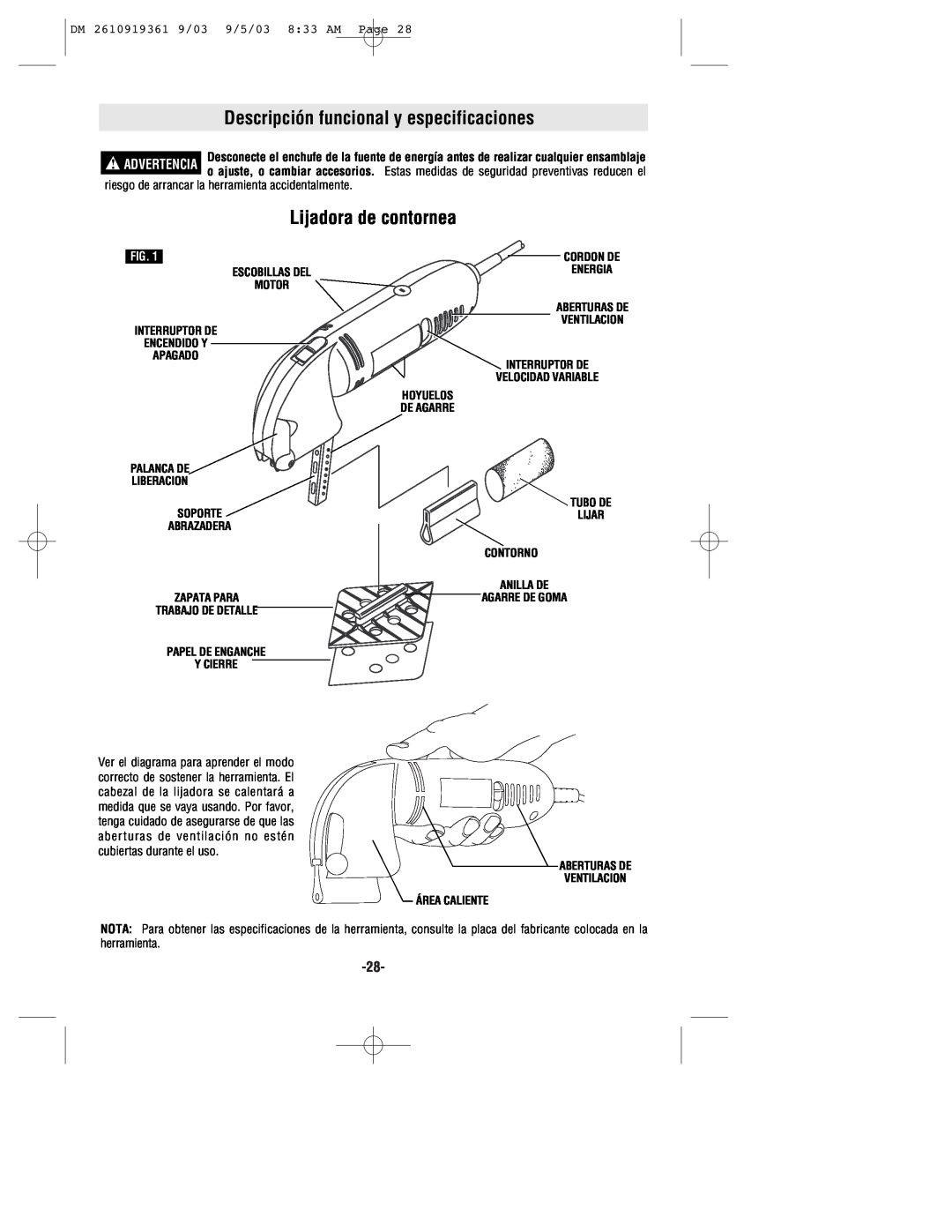 Bosch Power Tools 6000 owner manual Descripción funcional y especificaciones, Lijadora de contornea, Hoyuelos, De Agarre 