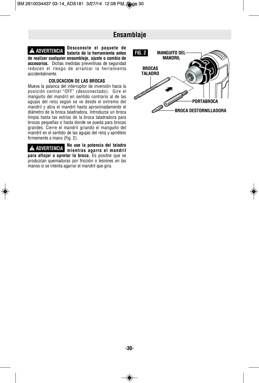 Bosch Power Tools ADS181-101, ADS181BL, ADS181BN, ADS181-102 manual Ensamblaje, Colocacion DE LAS Brocas 