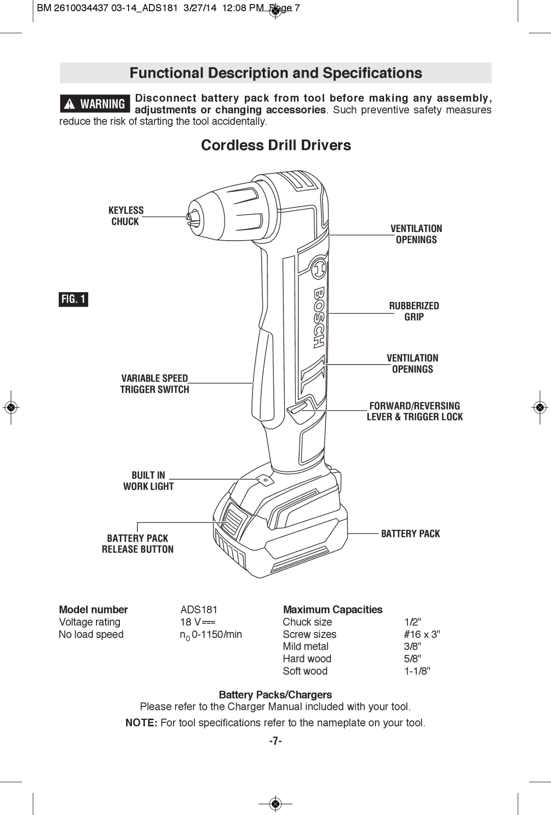 Bosch Power Tools ADS181BL, ADS181-101 Functional Description and Specifications, Cordless Drill Drivers, Model number 