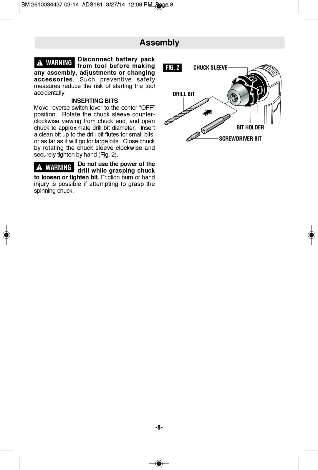 Bosch Power Tools ADS181BN, ADS181-101, ADS181BL, ADS181-102 manual Assembly, Inserting Bits 