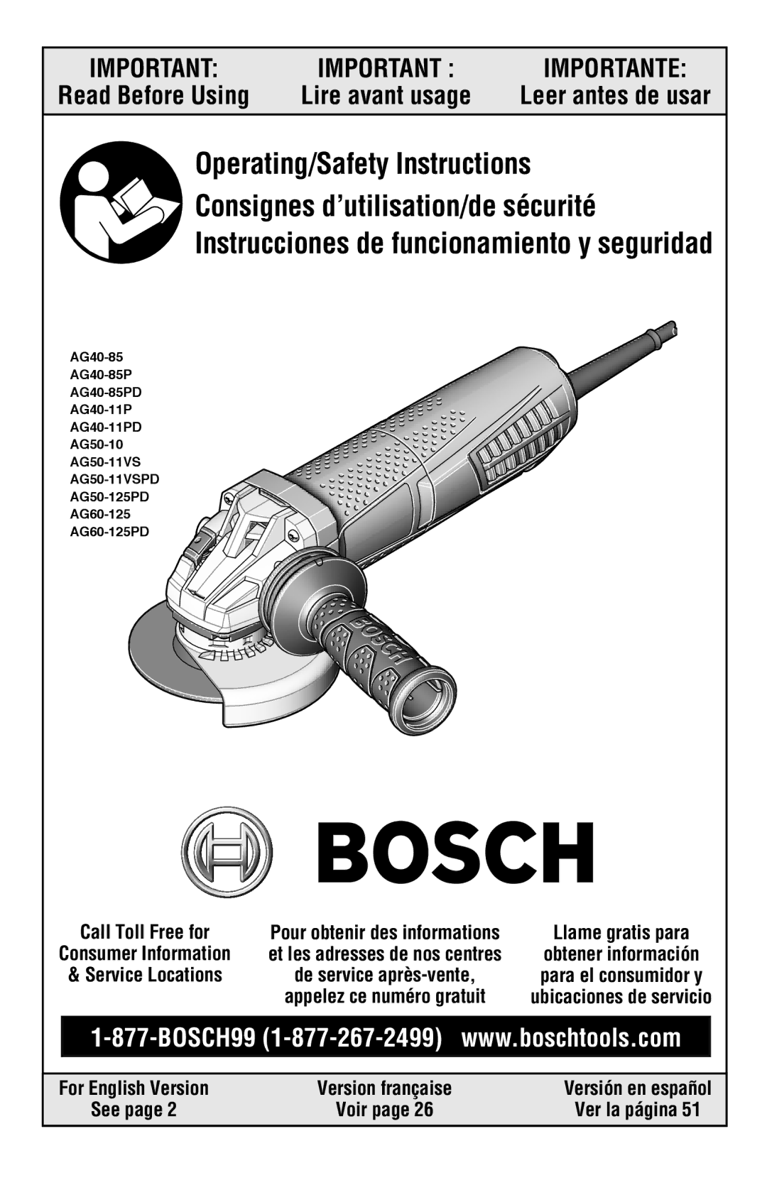 Bosch Power Tools AG50-10TG, AG50-11VSPD, AG50-125PD, AG60-125PD, AG40-85 manual Leer antes de usar, See, Ver la página 