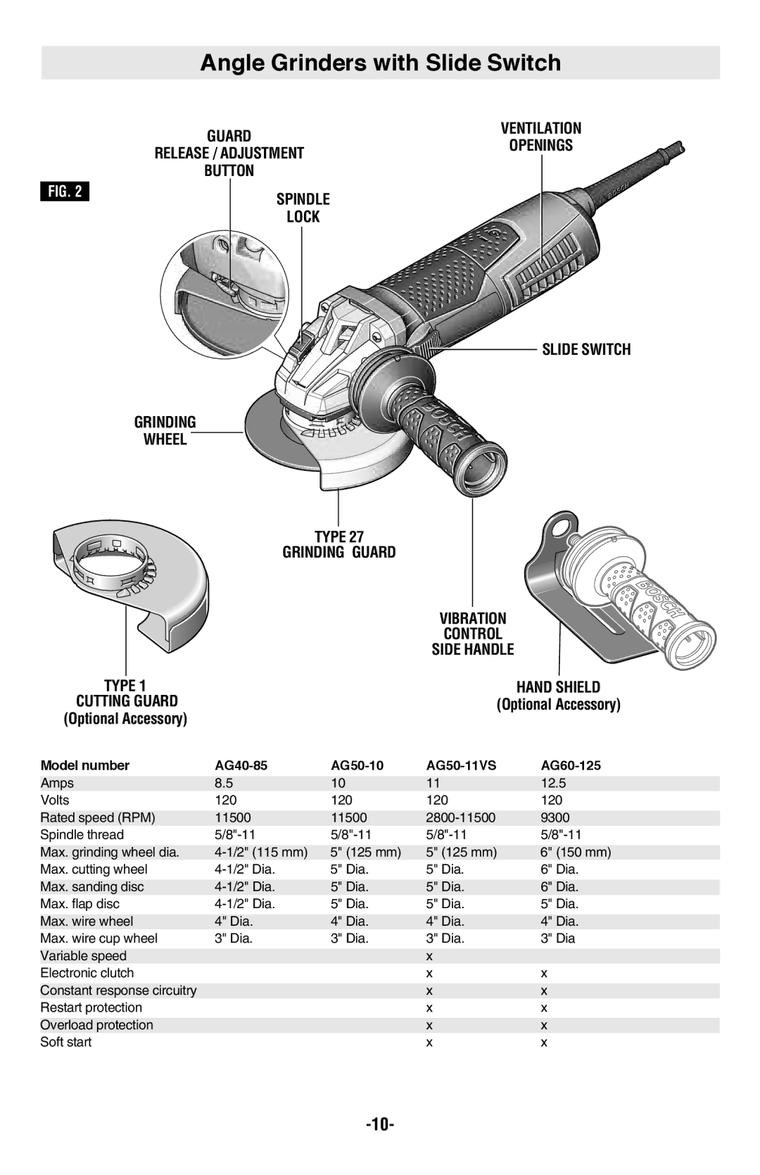 Bosch Power Tools AG40-85PD, AG50-10TG Angle Grinders with Slide Switch, Model number AG40-85 AG50-10 AG50-11VS AG60-125 