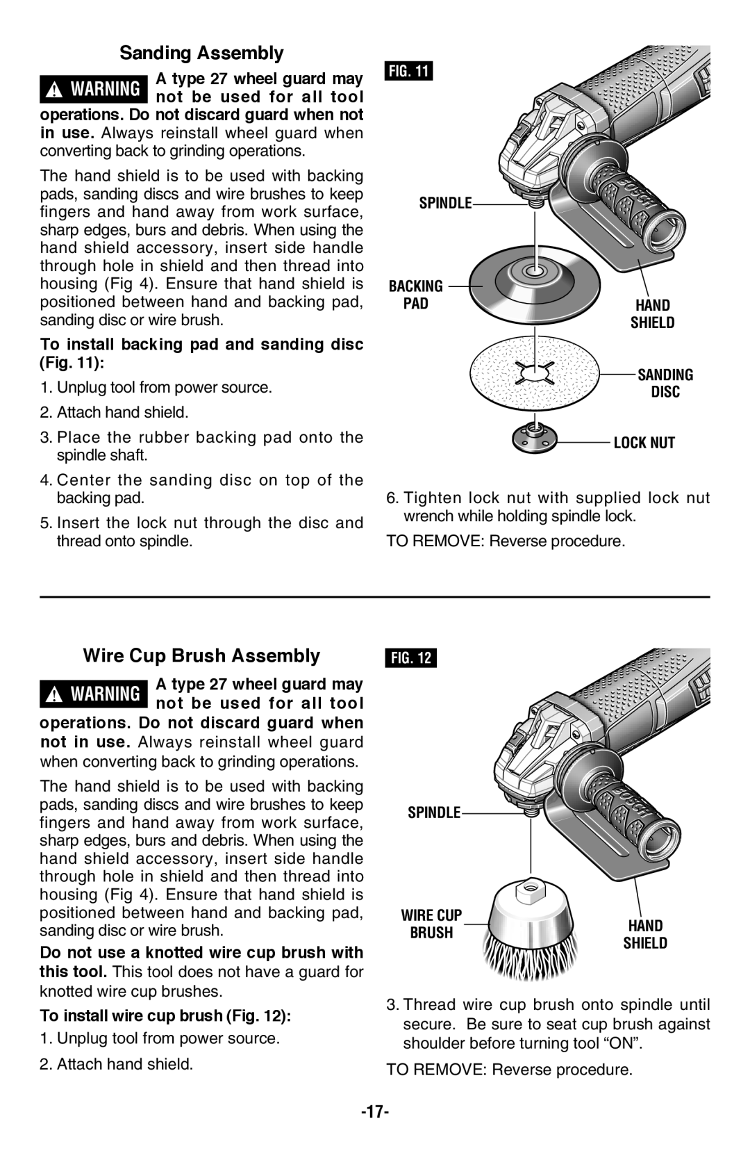 Bosch Power Tools AG50-125PD manual Sanding Assembly, Wire Cup Brush Assembly, To install backing pad and sanding disc Fig 