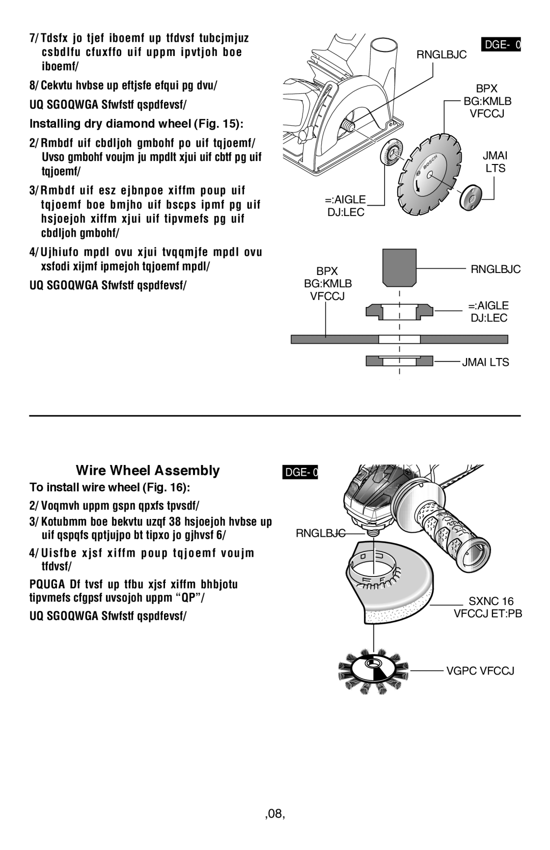 Bosch Power Tools AG50-10, AG50-11VS manual Wire Wheel Assembly, Installing dry diamond wheel Fig, To install wire wheel Fig 