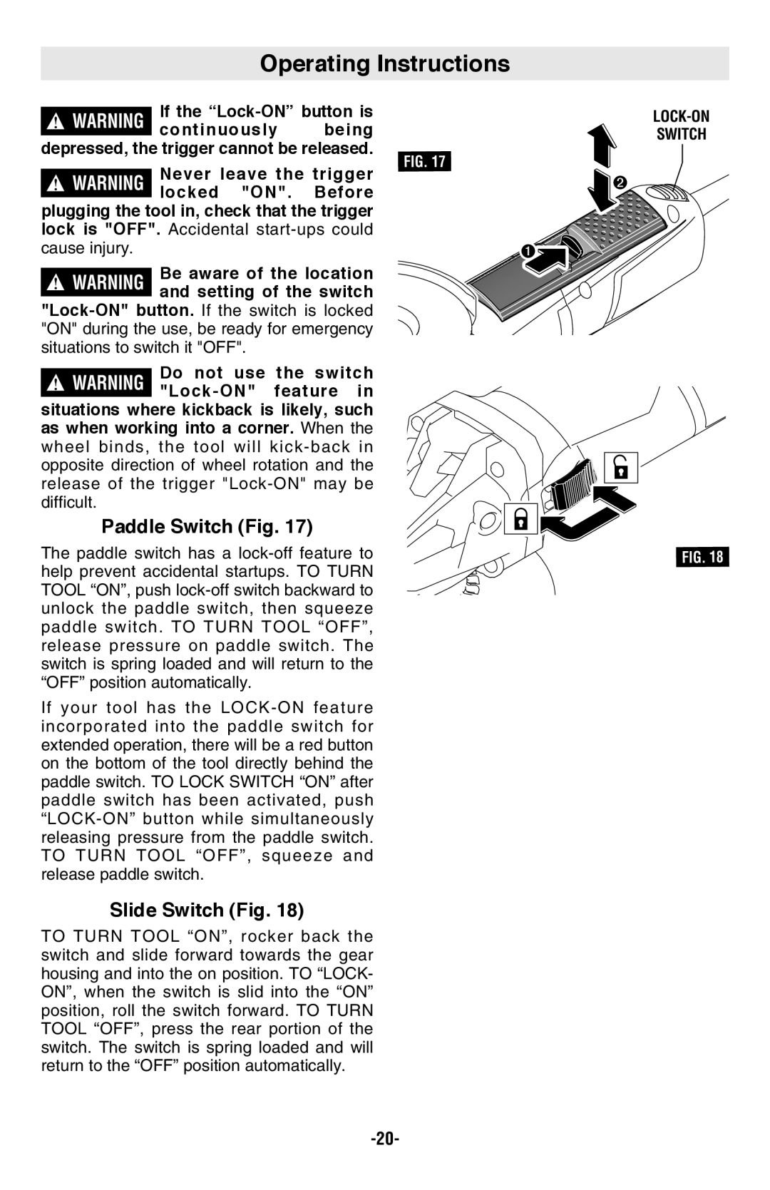 Bosch Power Tools AG40-11P, AG50-11VS, AG60-125 Operating Instructions, Paddle Switch Fig, Slide Switch Fig, LOCK-ON Switch 