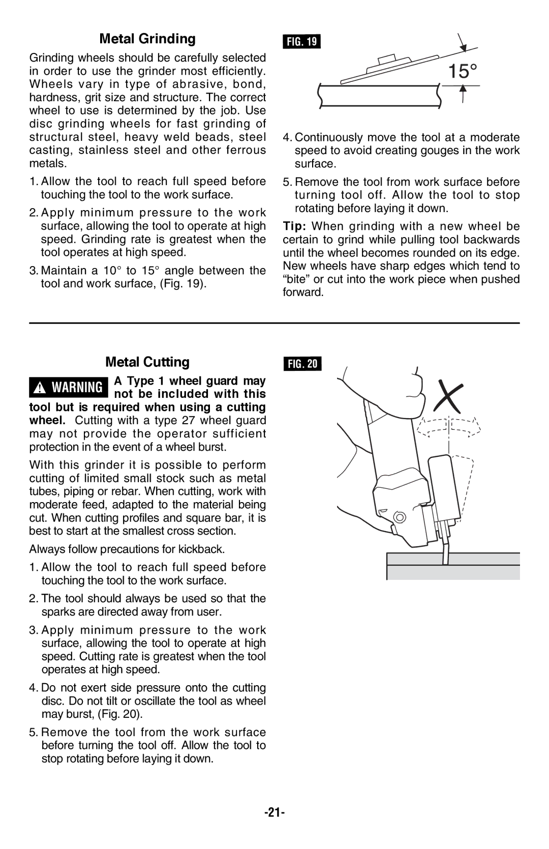 Bosch Power Tools AG40-11PD, AG50-10TG, AG50-11VSPD, AG50-125PD, AG60-125PD, AG40-85P manual Metal Grinding, Metal Cutting 