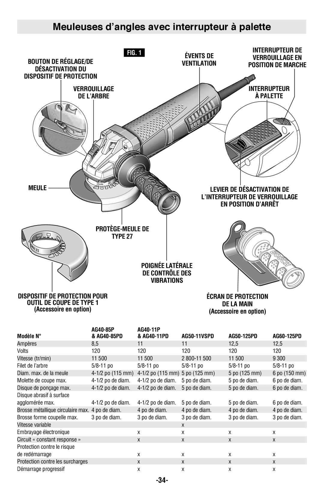 Bosch Power Tools AG40-11PD manual Meuleuses d’angles avec interrupteur à palette, Protège-Meule De, Outil DE Coupe DE Type 