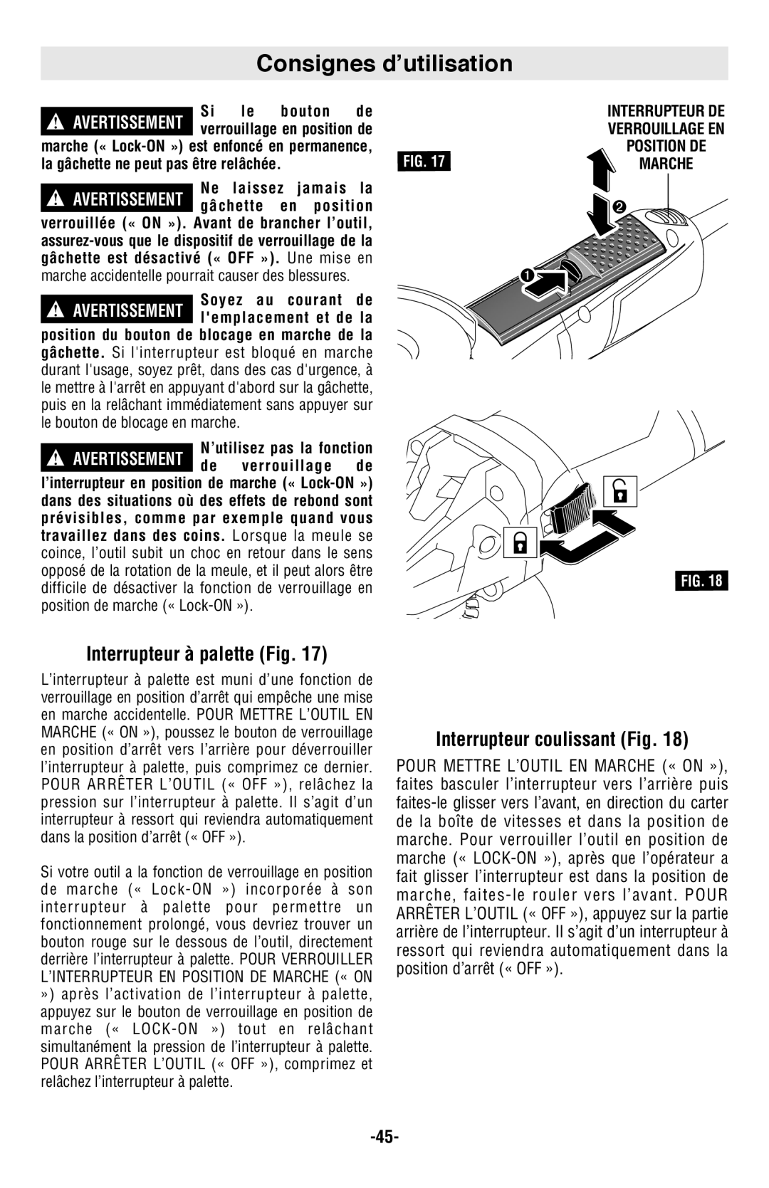 Bosch Power Tools AG50-10 manual Consignes d’utilisation, Interrupteur à palette Fig, Interrupteur coulissant Fig, Bouton 