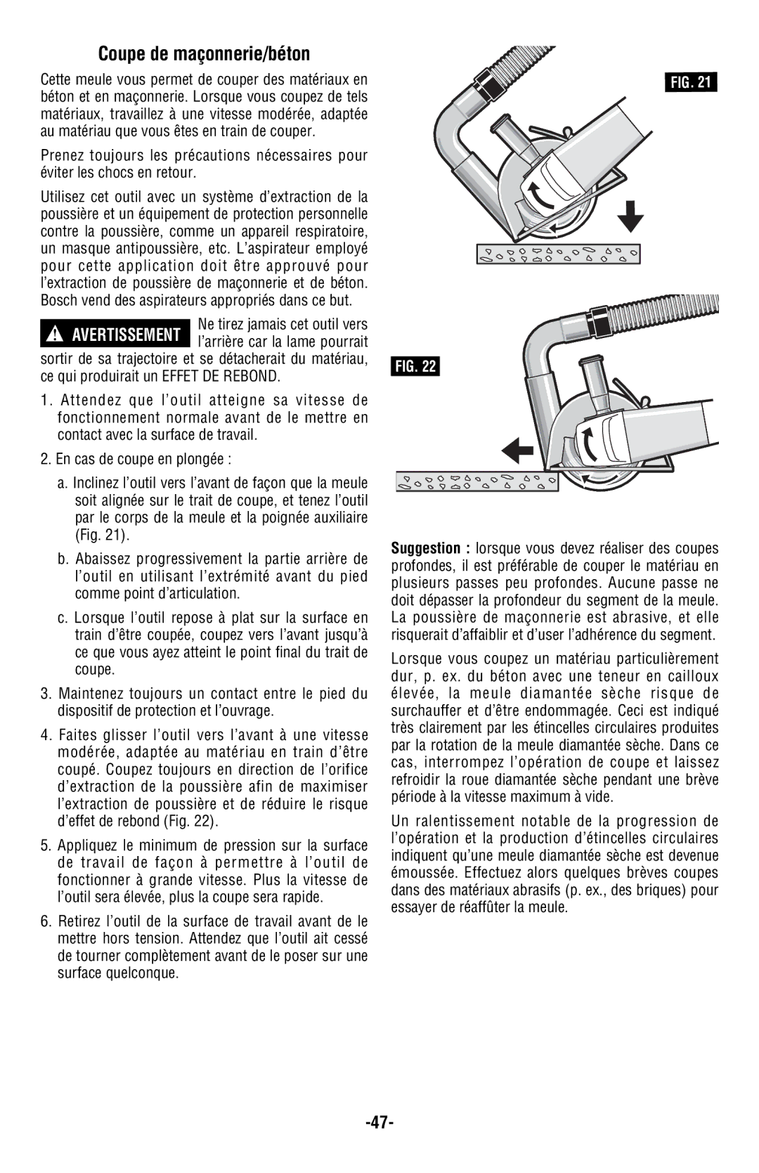 Bosch Power Tools AG40-11PD, AG50-10TG, AG50-11VSPD, AG50-125PD, AG60-125PD, AG40-85P manual Coupe de maçonnerie/béton 