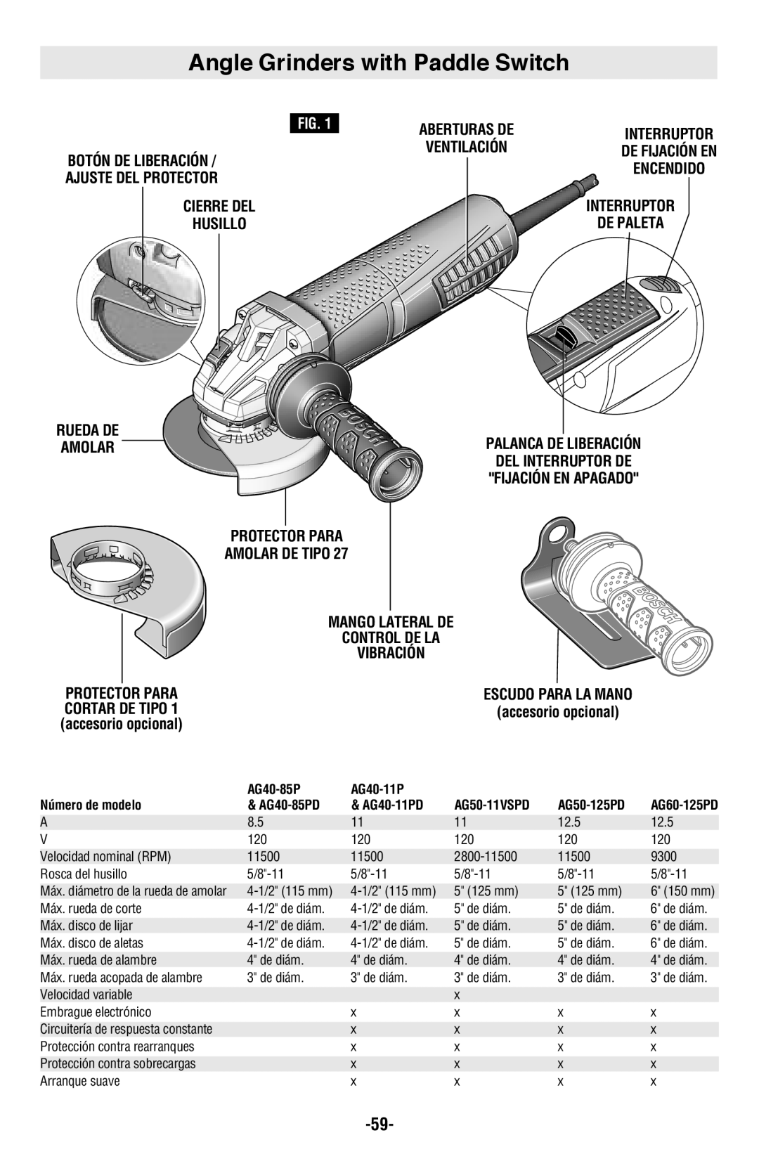 Bosch Power Tools AG40-11P, AG50-11VS, AG60-125, AG50-10TG manual Botón DE Liberación, Ajuste DEL Protector, Rueda DE, Amolar 