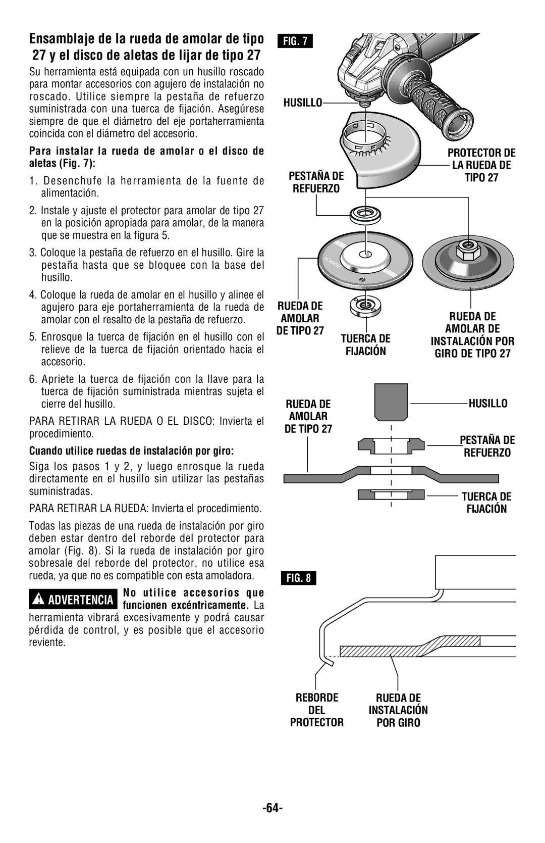 Bosch Power Tools AG40-85PD-2P, AG50-11VS, AG60-125, AG50-10TG Para instalar la rueda de amolar o el disco de aletas Fig 