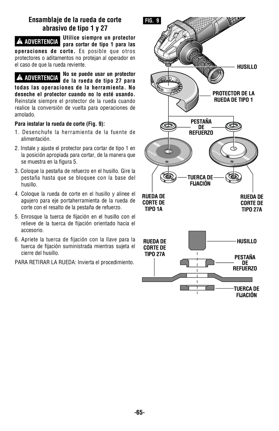 Bosch Power Tools AG60-125, AG50-10TG, AG50-11VSPD, AG50-125PD manual Ensamblaje de la rueda de corte Abrasivo de tipo 1 y 