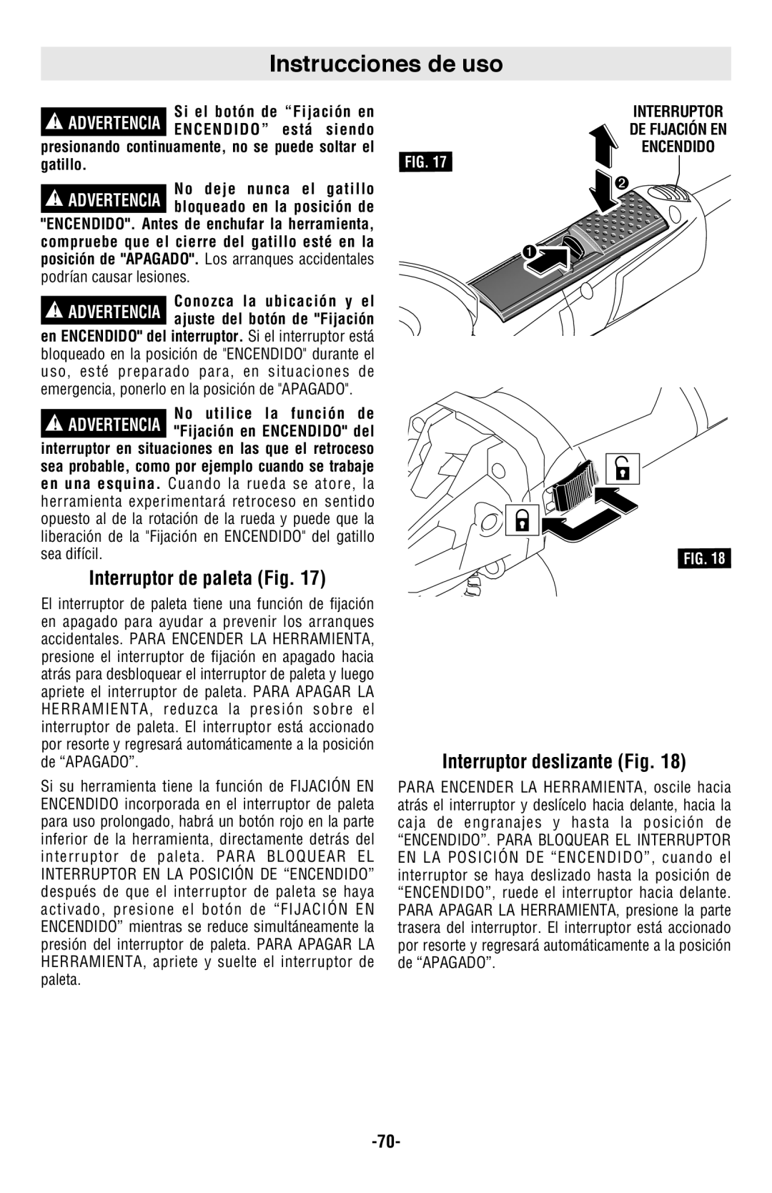 Bosch Power Tools AG60-125PD, AG50-11VS manual Instrucciones de uso, Interruptor de paleta Fig, Interruptor deslizante Fig 