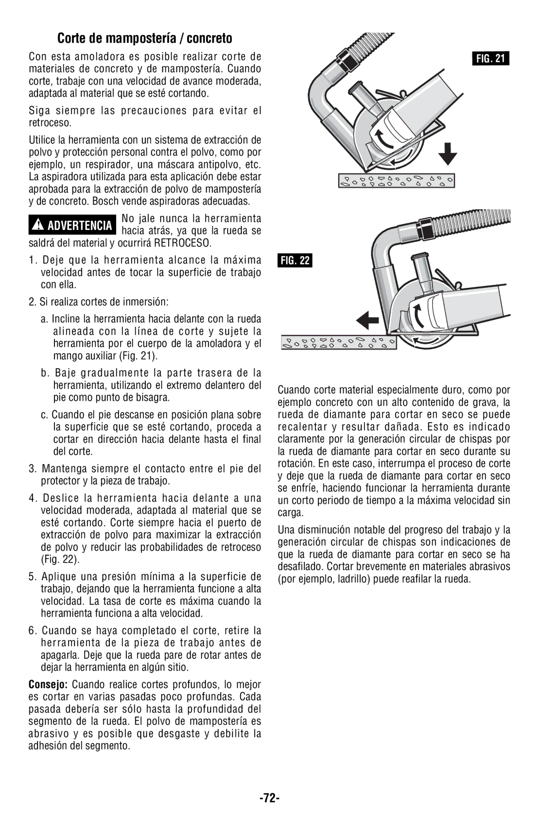 Bosch Power Tools AG40-11P manual Corte de mampostería / concreto, Siga siempre las precauciones para evitar el retroceso 