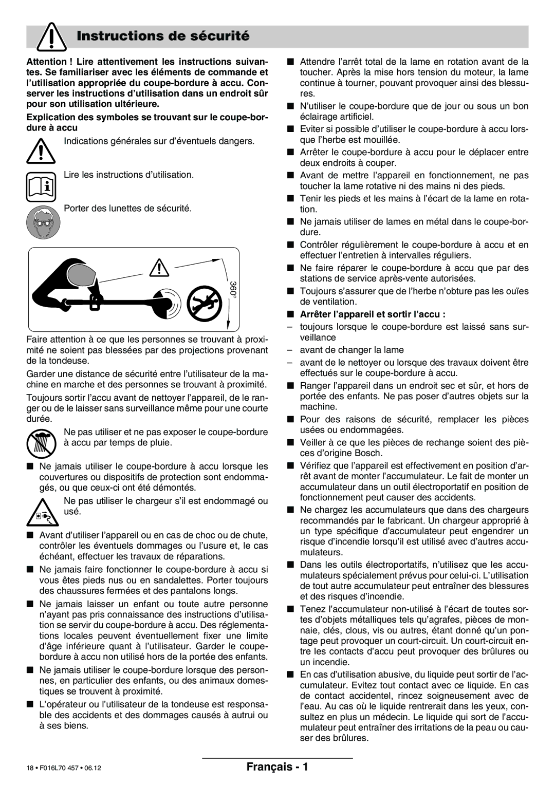 Bosch Power Tools ART EASYTRIM Accu NIMH manual Instructions de sécurité, Français 