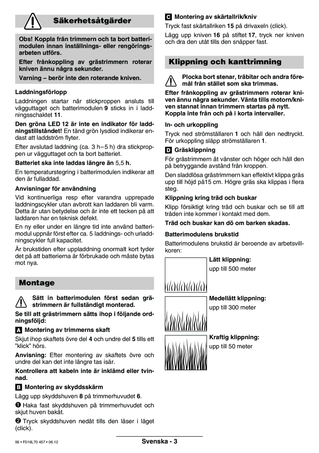 Bosch Power Tools ART EASYTRIM Accu NIMH manual Säkerhetsåtgärder, Klippning och kanttrimning 