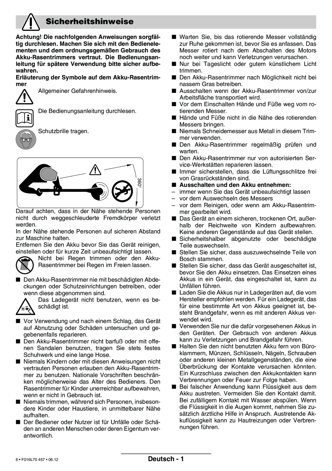 Bosch Power Tools ART EASYTRIM Accu NIMH manual Sicherheitshinweise, Deutsch, Ausschalten und den Akku entnehmen 