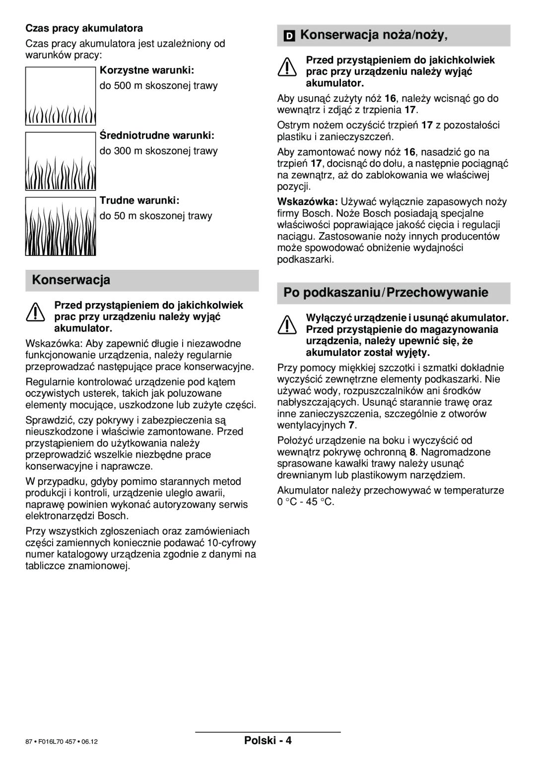 Bosch Power Tools ART EASYTRIM Accu NIMH manual Konserwacja no†a/no†y‚, Po podkaszaniu/Przechowywanie 