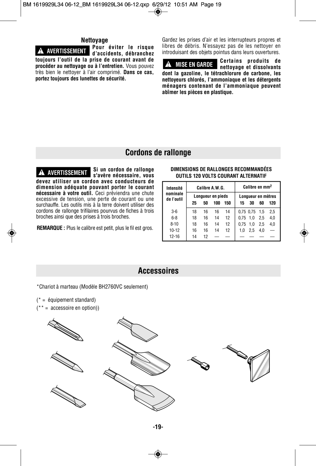 Bosch Power Tools BH2770VCD, BH2760VCB manual Cordons de rallonge, Accessoires, Nettoyage, Pour éviter le risque 