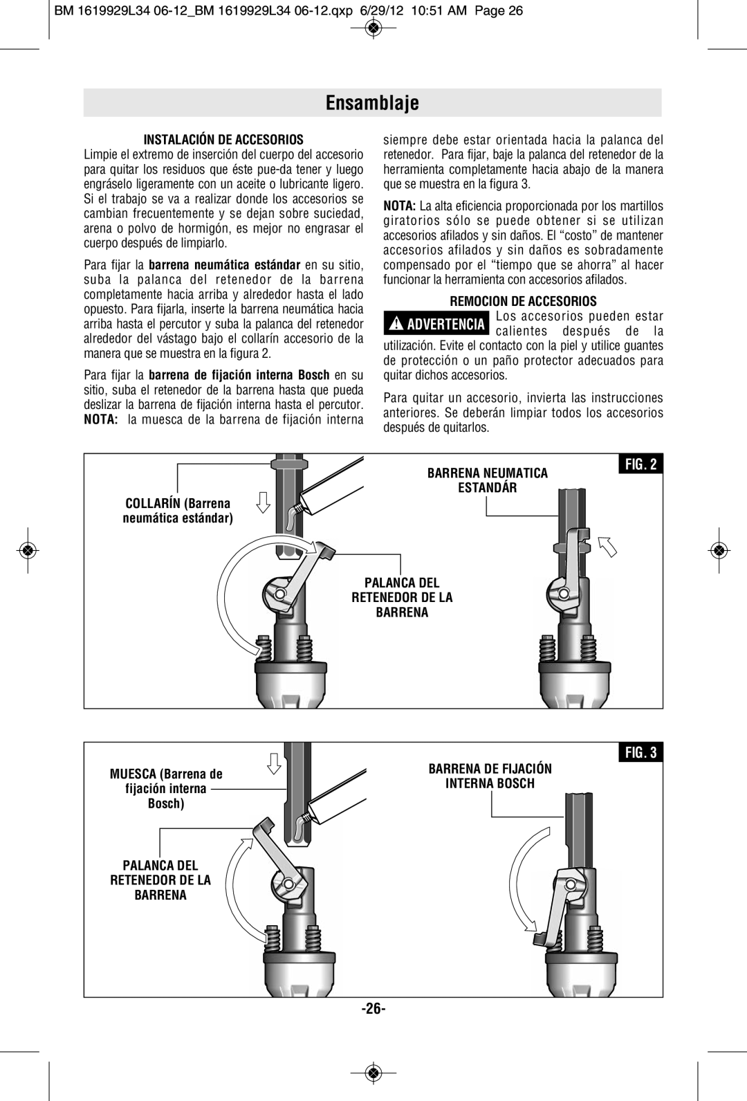 Bosch Power Tools BH2760VCB Ensamblaje, Instalación DE Accesorios, Remocion DE Accesorios, Barrena Neumatica Estandár 