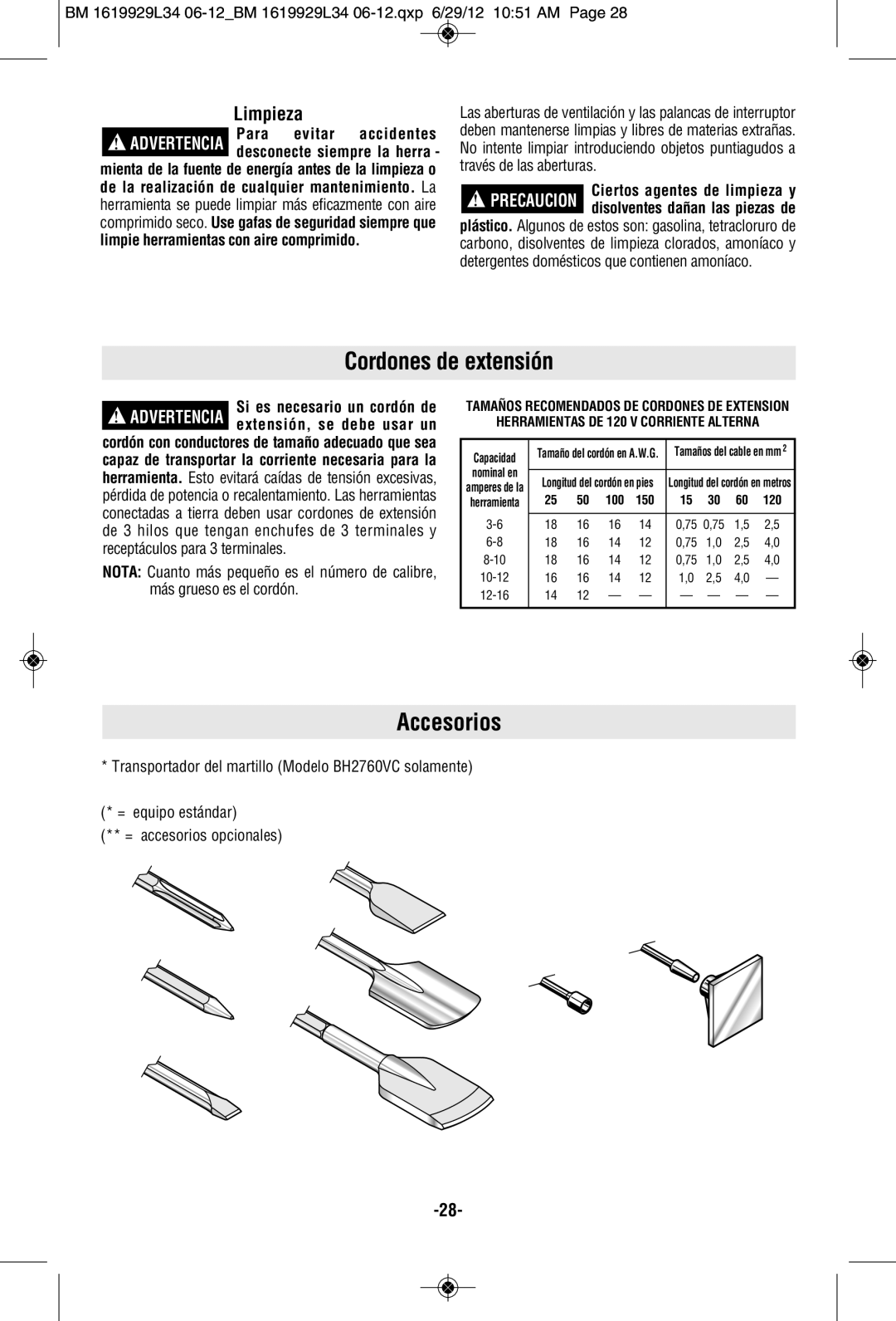 Bosch Power Tools BH2770VCD, BH2760VCB manual Cordones de extensión, Accesorios, Limpieza 