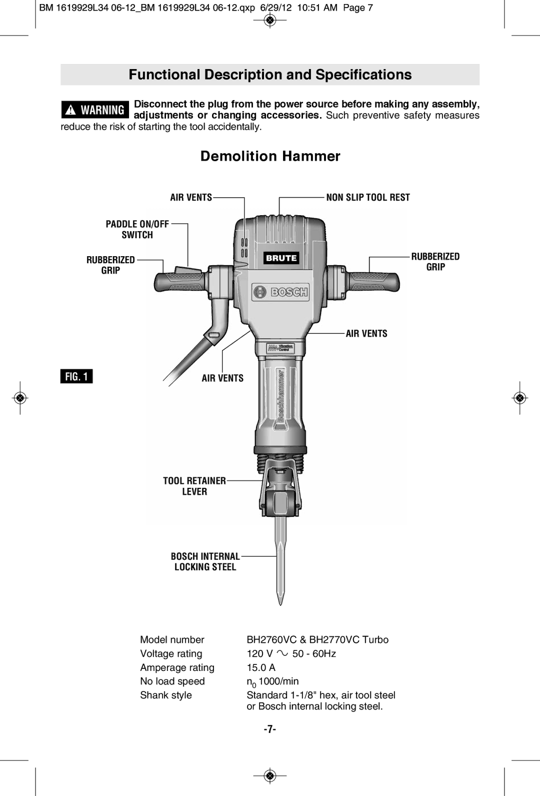 Bosch Power Tools BH2770VCD, BH2760VCB manual Functional Description and Specifications, Demolition Hammer, AIR Vents 