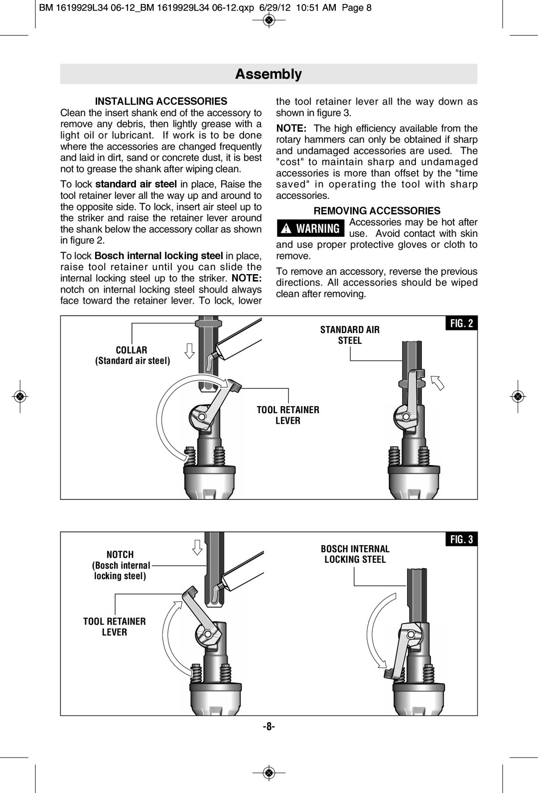 Bosch Power Tools BH2760VCB manual Assembly, Installing Accessories, Standard AIR Steel, Tool Retainer Lever Bosch Internal 