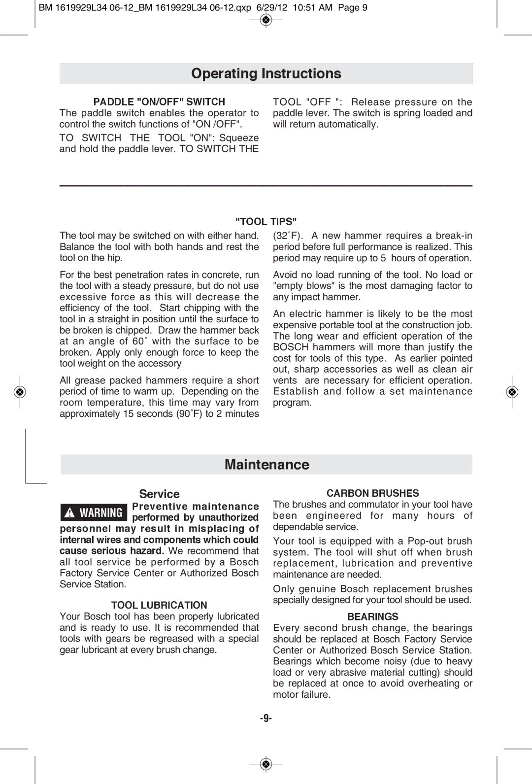 Bosch Power Tools BH2770VCD, BH2760VCB manual Operating Instructions, Maintenance 