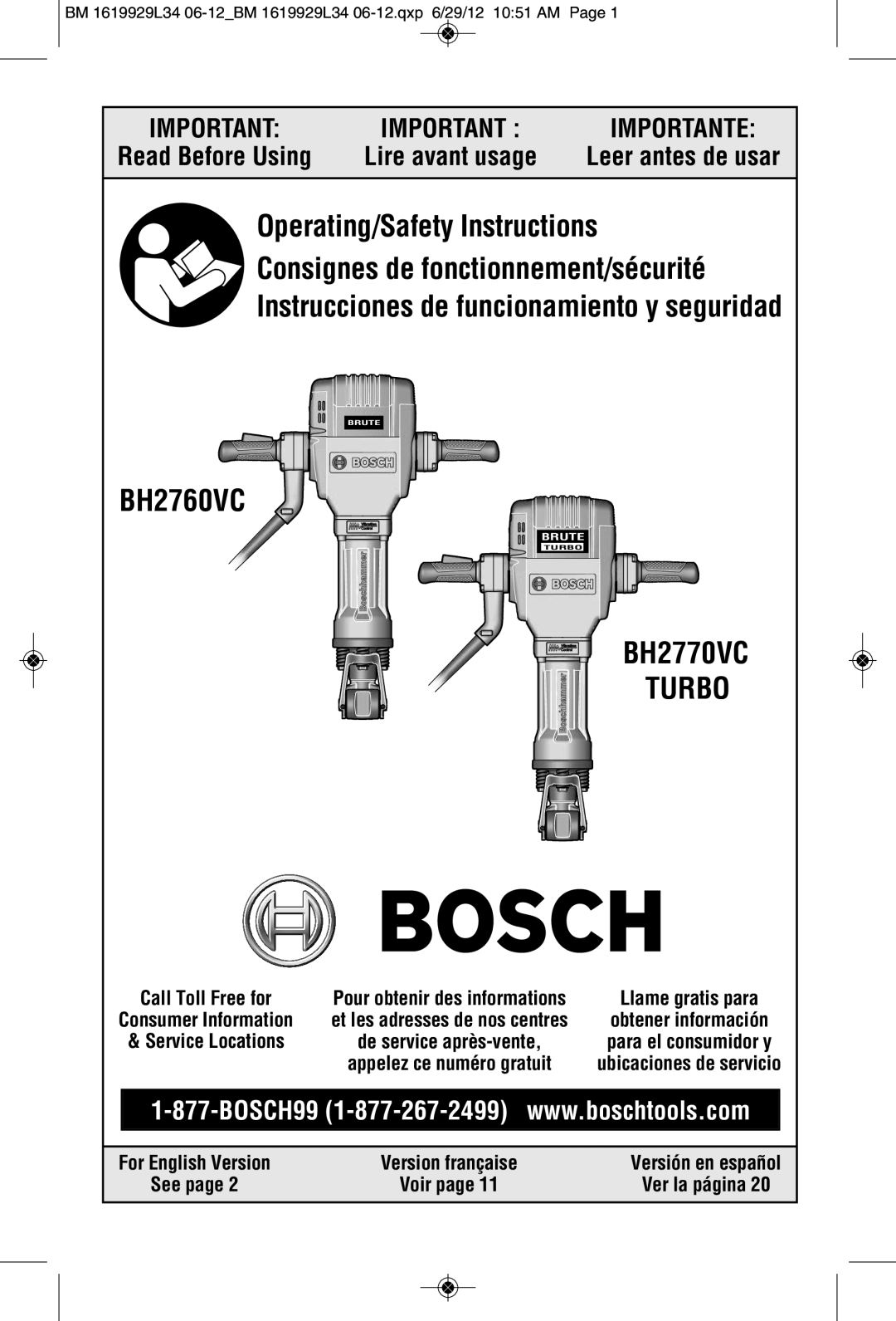 Bosch Power Tools BH2760VC, BH2770VCD manual Leer antes de usar, See page, Ver la página, BH2770VC TURBO, Importante 