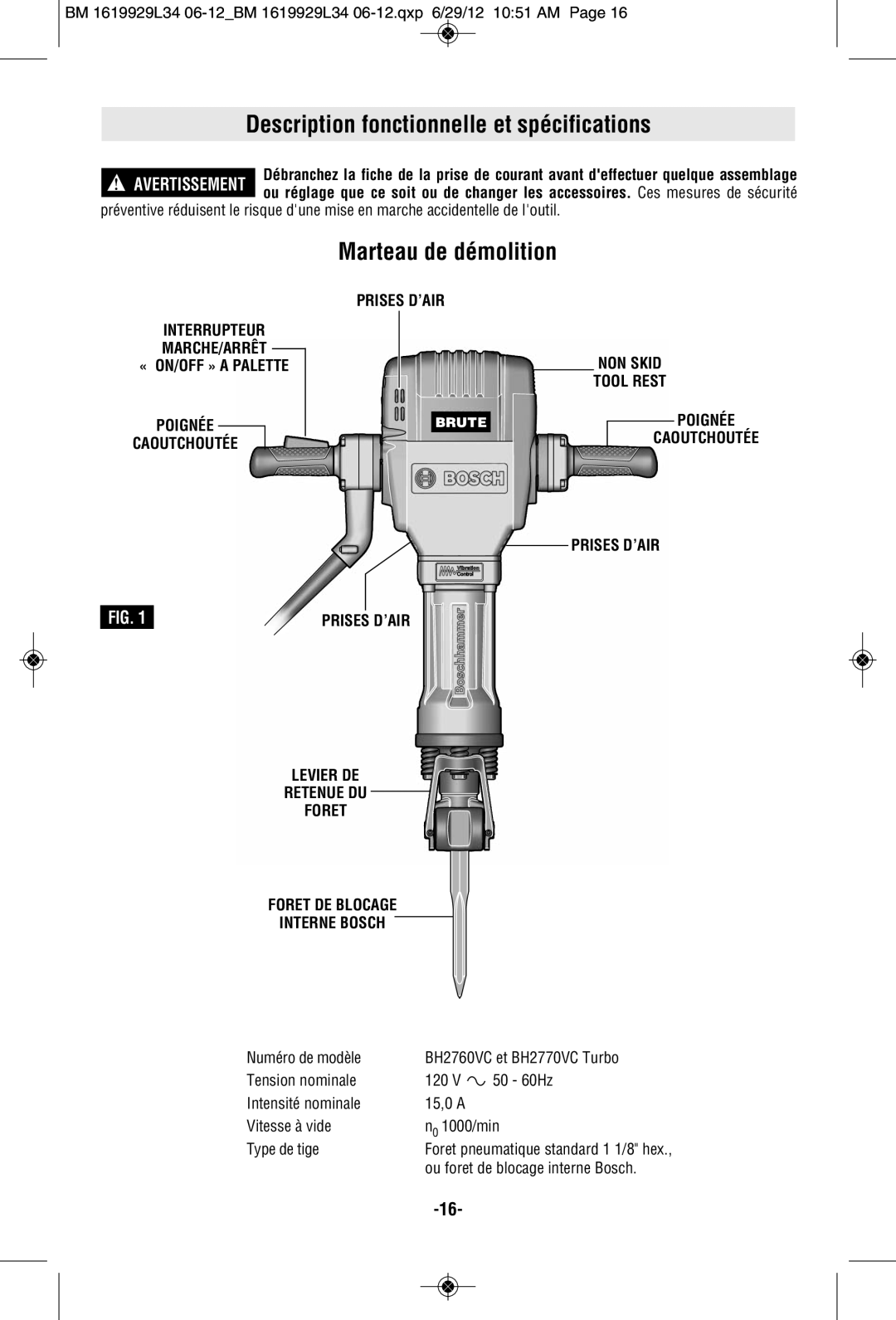 Bosch Power Tools BH2760VC, BH2770VCD Description fonctionnelle et spécifications, Marteau de démolition, Prises D’Air 